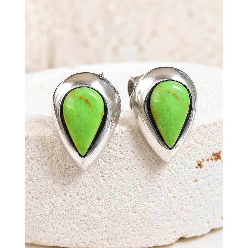 Vintage Gaspeite Sterling Silver Stud Earrings Lime Green Navajo Style Pear Drop